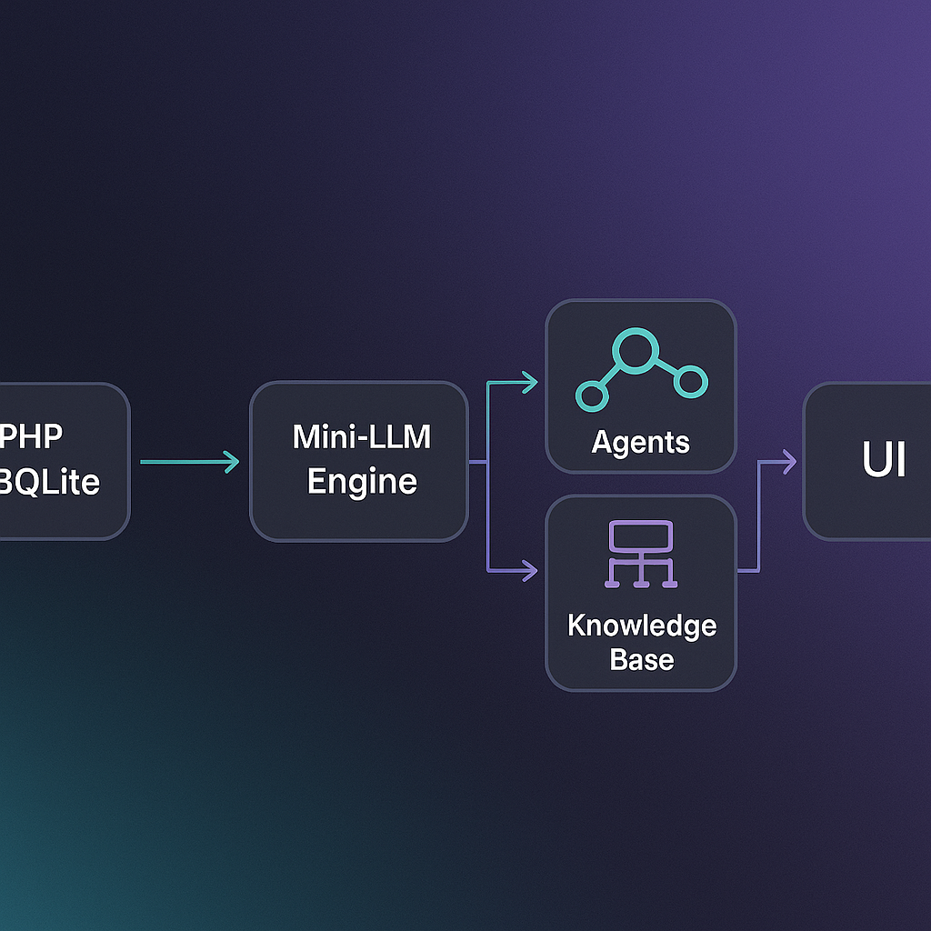 Diagram of Erudious architecture: PHP + SQLite → Mini-LLM → Agents → Knowledge Base → UI